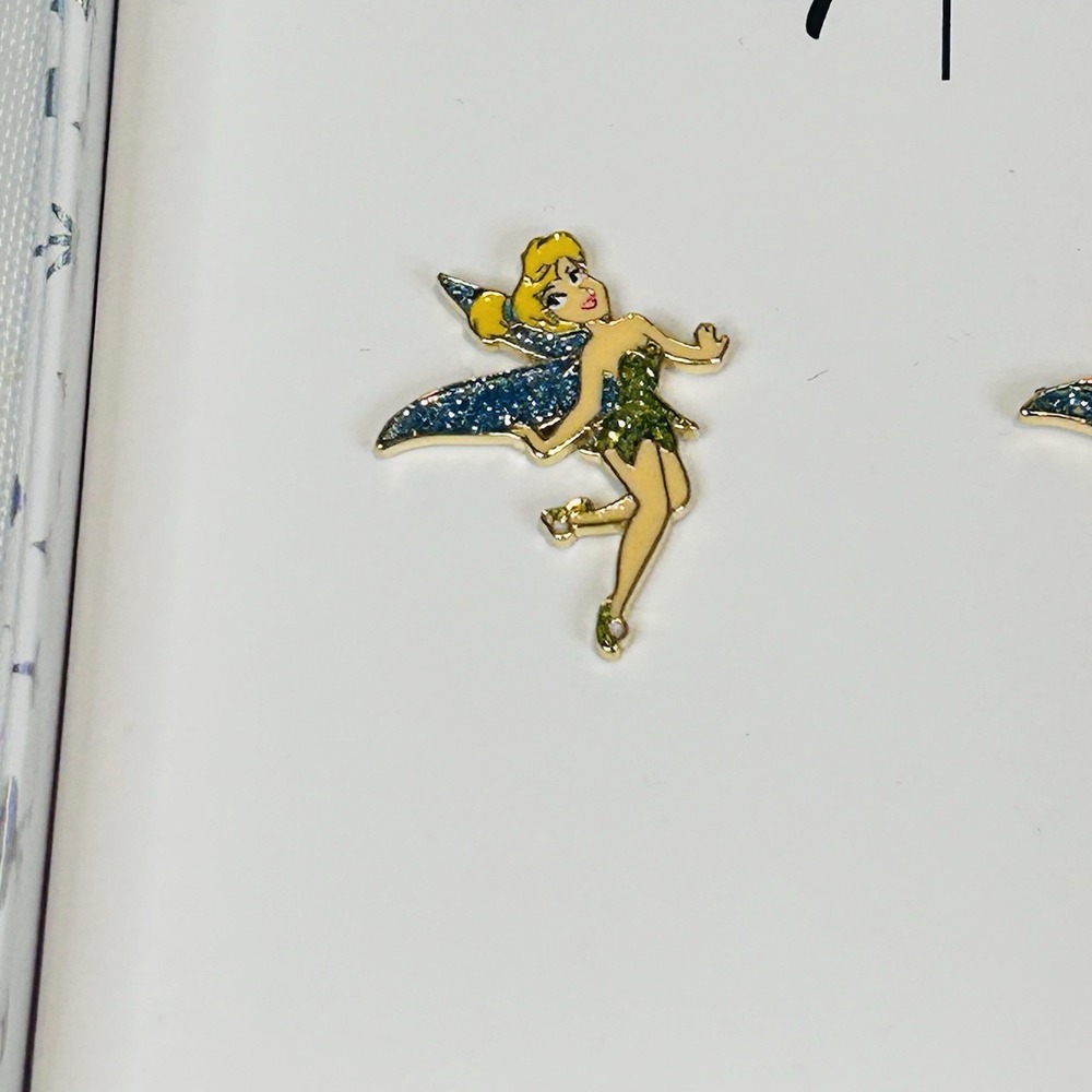 Disney Baublebar Tinker Bell Earrings Gold Tone Blue Glitter Wings New in Box